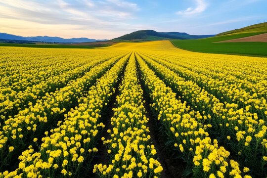 Golden canola field in full bloom, with the bright yellow flowers creating a vibrant, endless sea under a soft blue sky