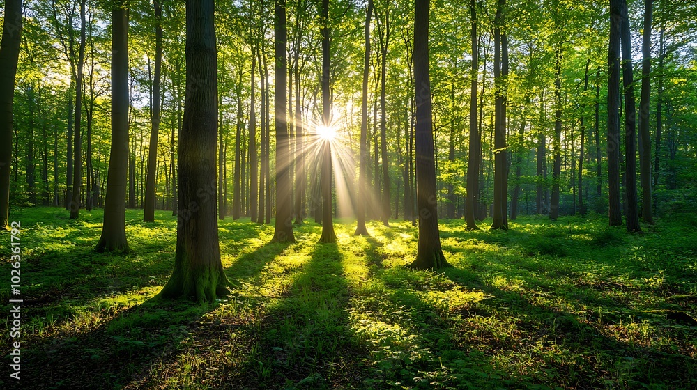 Poster a serene forest scene illuminated by the sun, with trees casting long shadows on a lush, green groun