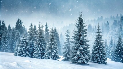 Naklejka premium Snowstorm in mountains with fir trees swaying in wind