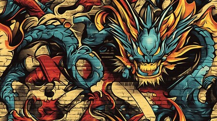Seamless graffiti pattern incorporating powerful dragons, ethereal phoenixes, and abstract flame designs, highlighted with glowing neon colors and dynamic paint splashes,