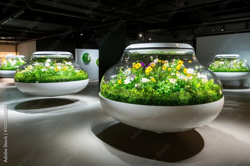 Poster hovering flowerbeds in a futuristic landscape, where flowers are suspended in the air, rotating gent