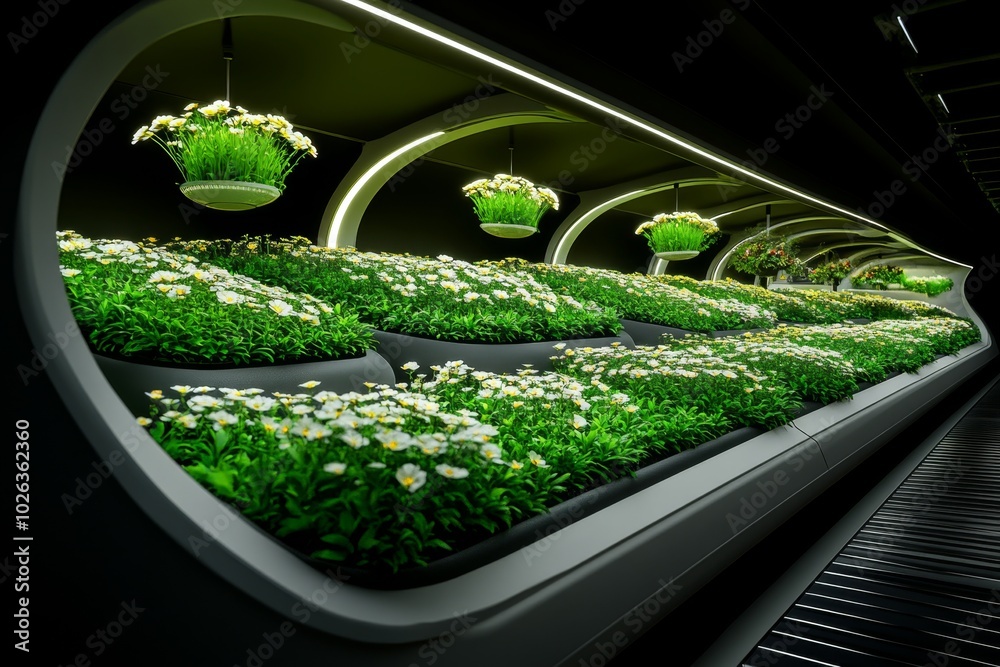 Poster hovering flowerbeds in a futuristic landscape, where flowers are suspended in the air, rotating gent