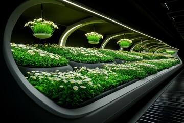 Hovering flowerbeds in a futuristic landscape, where flowers are suspended in the air, rotating gently and emitting soft light as part of an advanced eco-project