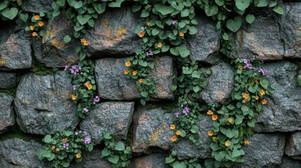 A Stone Wall Covered in Green Vines and Orange and Purple Flowers