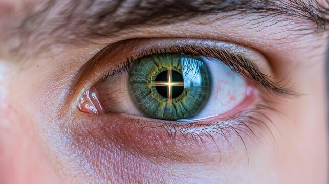 A detailed shot of a man's eye with a cross reflected in the iris, representing the deep inner reflection on faith, salvation, and personal spiritual beliefs