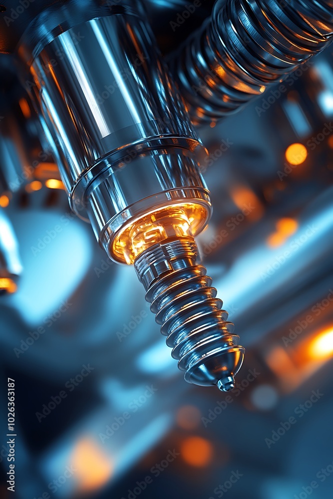 Aufkleber A close-up of a metallic screw with a glowing element, emphasizing intricate details and reflections in a sleek, modern mechanical setting.