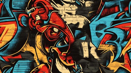 Naklejka premium Seamless graffiti pattern with cats, dogs, and abstract bird silhouettes, highlighted by bright neon colors and dynamic shapes, spray-painted on a dark concrete wall,