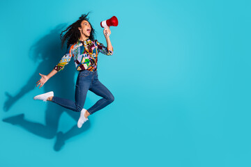 Photo of funny crazy cute woman wear stylish clothes hold bullhorn announce news empty space...