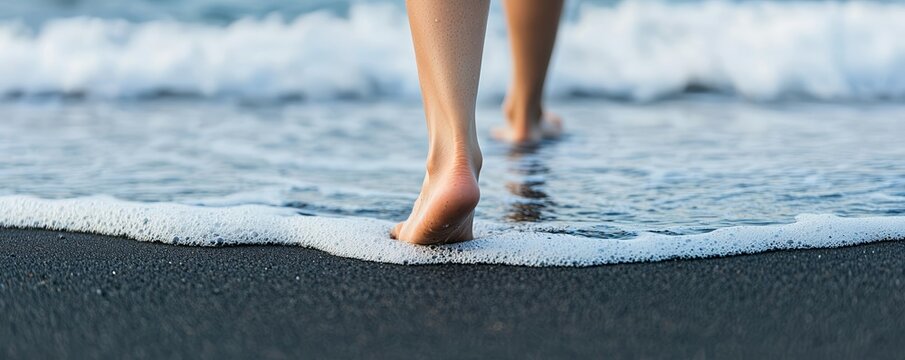 Close-up of bare feet walking on a black sand beach, ocean waves gently washing ashore, evoking a sense of calm and connection with nature