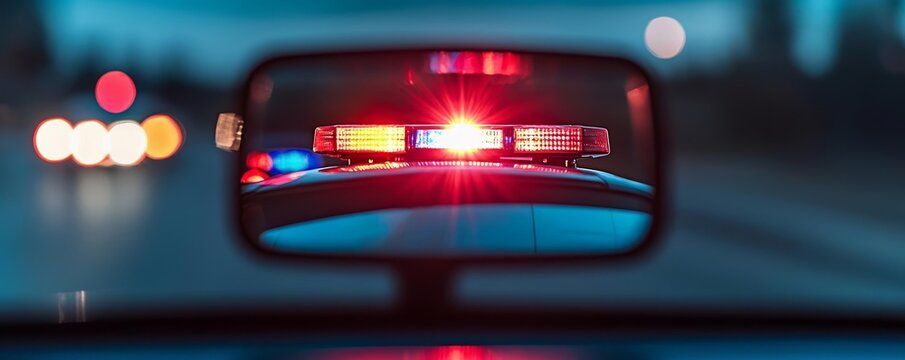 Close-up of flashing police lights in a rearview mirror at night, representing the moment of getting pulled over, law enforcement action, and night patrol