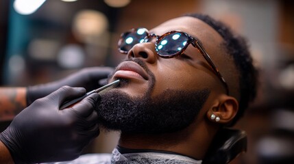A man is getting his beard trimmed by a barber