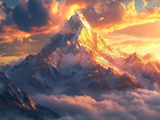 A majestic mountain peak, bathed in the warm glow of a setting sun, with a sea of clouds below.