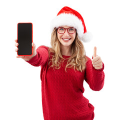 Smiling Christmas woman wears red glasses and Santa hat. Showing smartphone screen and thumbs up isolated on white background, online shopping sale and offer of web store, search and booking online