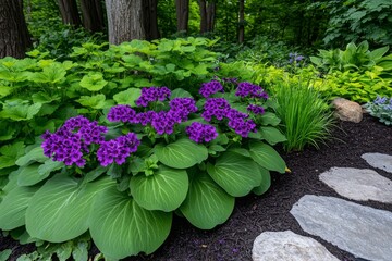 Fototapeta premium Lamium Purpureum thriving in a shaded garden, with the purple flowers contrasting beautifully against the green foliage of nearby plants
