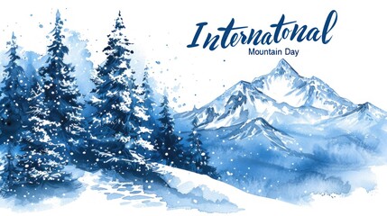 Watercolor Winter Wonderland Scene Celebrating International Mountain Day with Snowy Forest and Peaks