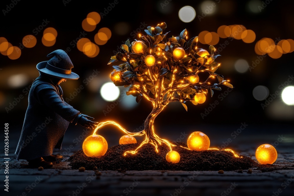 Poster magical tree being planted by a wizard, with glowing roots spreading through the soil, and the tree 