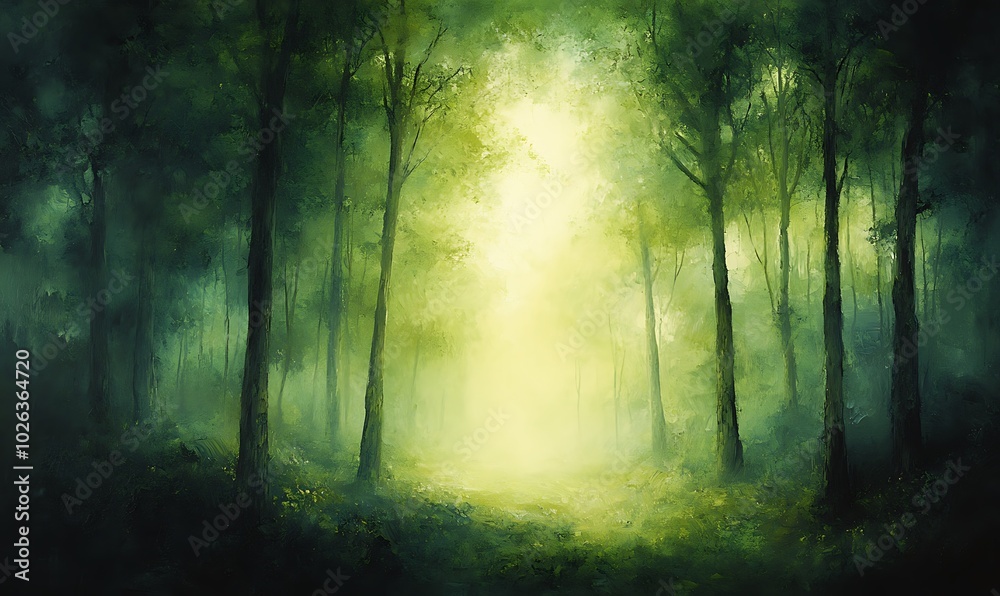 Poster a serene forest scene with vibrant green hues, illuminated by soft light filtering through the trees
