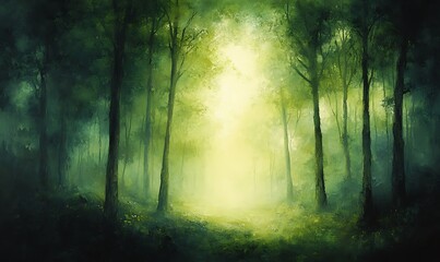Obraz premium A serene forest scene with vibrant green hues, illuminated by soft light filtering through the trees, evoking a sense of tranquility and mystery.