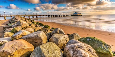 Sea defence boulders along the coastline in Cleethorpes, North East Lincolnshire