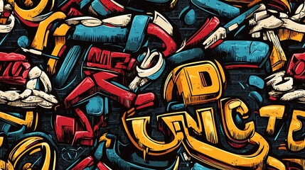 Seamless graffiti pattern with wildstyle letters, geometric symbols, and abstract shapes, highlighted by bright neon colors and brushstrokes, spray-painted on a dark concrete wall,