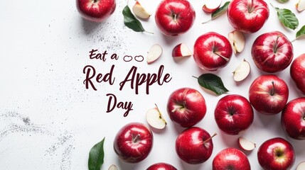 Eat a red apple day celebration: fresh red apples with leaves and slices