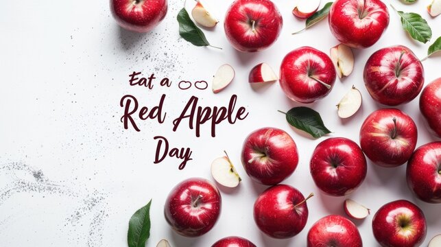 Eat a red apple day celebration: fresh red apples with leaves and slices