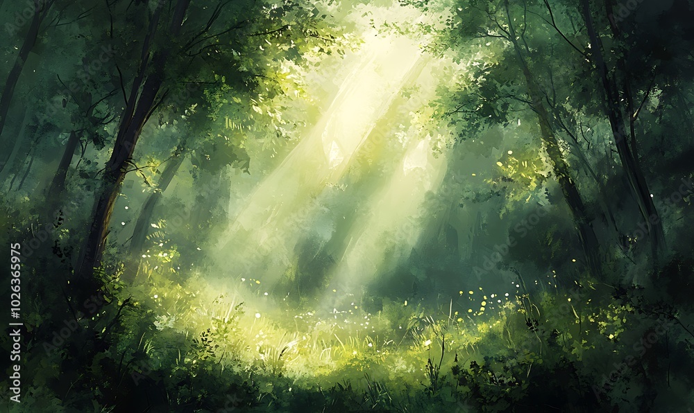 Aufkleber A serene forest scene illuminated by sunlight filtering through the trees, creating a tranquil atmosphere filled with greenery.