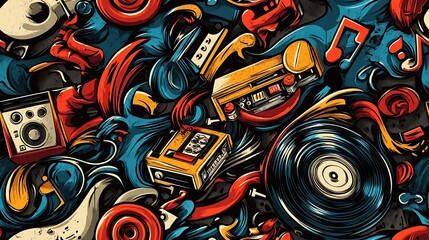 A lively graffiti pattern blending boomboxes, vinyl records, and drum kits, surrounded by swirling soundwaves and dynamic music notes, set against a concrete wall,