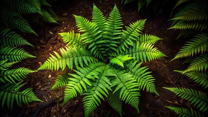 Night forest with fern bush in dark of night, high angle view