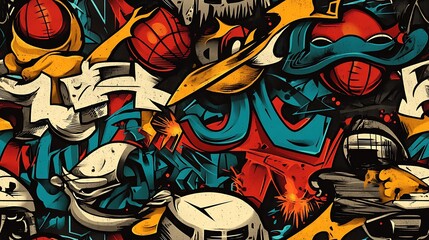 A seamless graffiti pattern blending basketballs, skateboards, and urban sports graffiti tags, highlighted with neon paint splatters and dynamic lines,