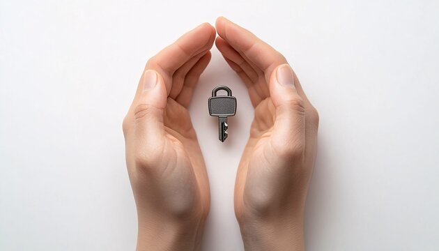 Gentle hands protecting a small 3D lock, embodying the essence of security and the importance of safeguarding what matters most.
