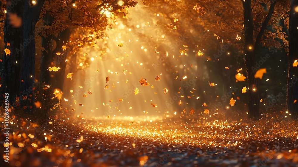 Poster a serene autumn scene with golden sunlight filtering through trees, casting a warm glow on falling l