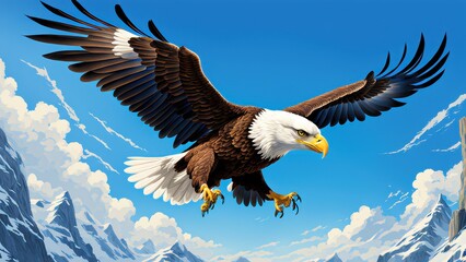 Obraz premium A majestic eagle soars through a clear blue sky, showcasing its powerful wings and sharp features.