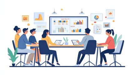 Dynamic Teamwork: Graphic Movie Animation Style Poster of Colleagues Brainstorming with Tablet in Boardroom