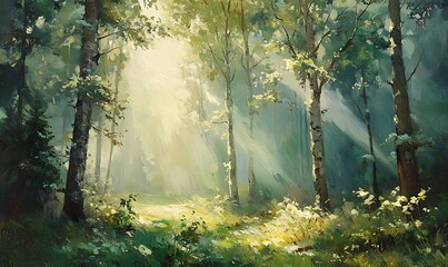 Obraz premium A peaceful forest scene illuminated by gentle sunlight filtering through the trees, creating a serene and vibrant natural atmosphere.