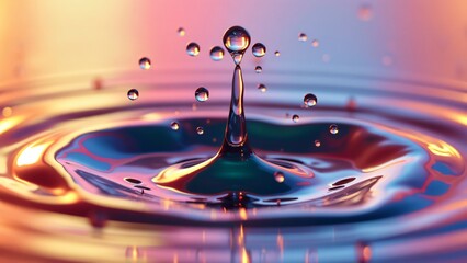Water droplets creating rainbow-colored ripples on a dark, smooth surface