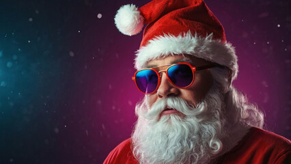 Portrait of a whimsical Santa Claus wearing typical Christmas red hat and sunglasses. Bright hipster Santa Claus in sun glasses. Modern Christmas celebration concept