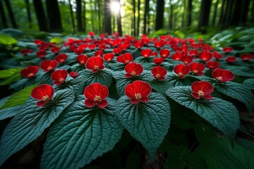 Red dead-nettle blooming at the edge of a forest, its low-growing form spreading across the woodland floor, with shafts of light illuminating the delicate blossoms
