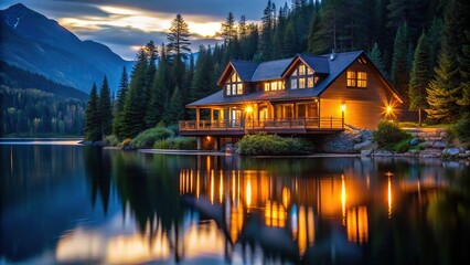 Fototapeta premium Night lights illuminating a lake house nestled in the mountains