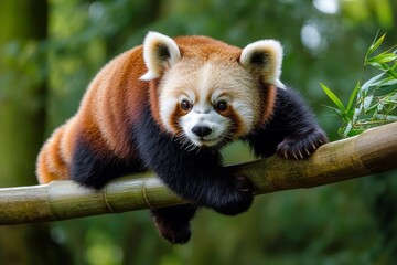 Fototapeta premium Red pandas climbing bamboo stalks, their fluffy tails trailing behind them as they navigate their forested enclosure