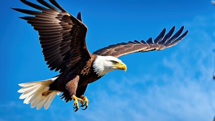 Obraz premium A majestic eagle soaring through a clear blue sky, showcasing its powerful wingspan.