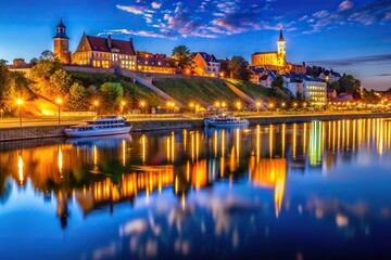 Obraz premium Night panorama of Haken Terraces with light reflection in Odra River, close-up view