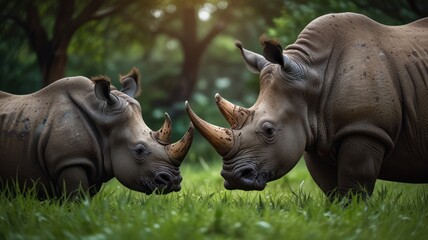 Fototapeta premium Two white rhinos face each other in a grassy field, with a blurred background of trees.