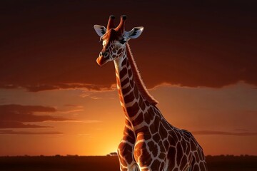 Silhouette of a giraffe against the sunset, its long neck and legs creating a striking, simple outline as it stands tall
