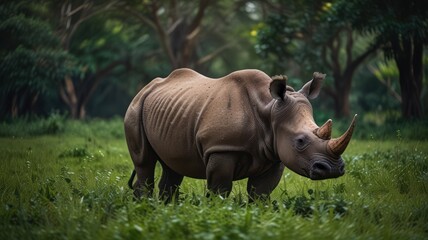 Obraz premium A large, grey rhinoceros stands in a grassy field, surrounded by green trees. The rhinoceros is looking to the right of the frame.