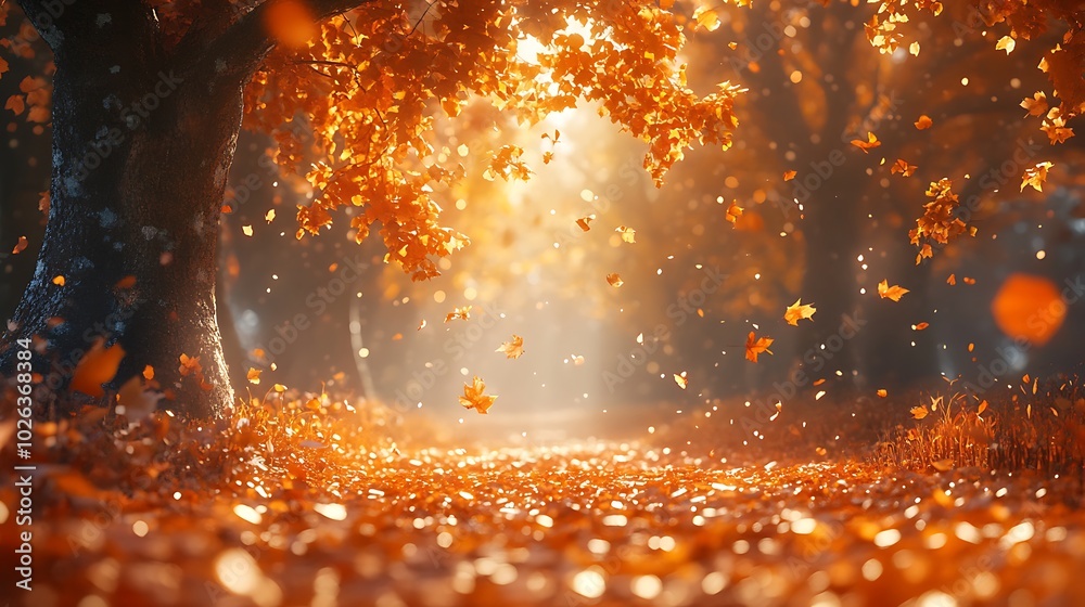 Poster a serene autumn scene with golden leaves swirling in the air, sunlight filtering through trees, crea