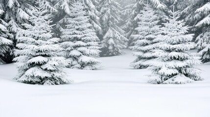 A snowy forest with three pine trees in the foreground
