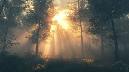 Naklejka premium Sun rays pierce through the fog in a dense forest, creating a mystical and ethereal atmosphere.
