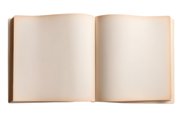 An open blank book with beige pages isolated on a transparent or white background.