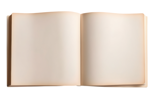 An open blank book with beige pages isolated on a transparent or white background.